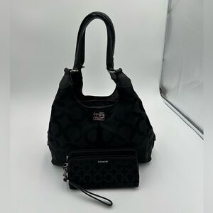 Coach Black Signature Nylon and Leather Madison Maggie Hobo w/ matching wallet